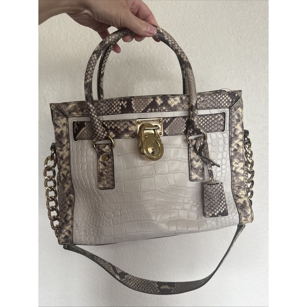 MICHAEL KORS MK Hamilton Satchel Handbag - Cream Leather, Snake Skin, Lock